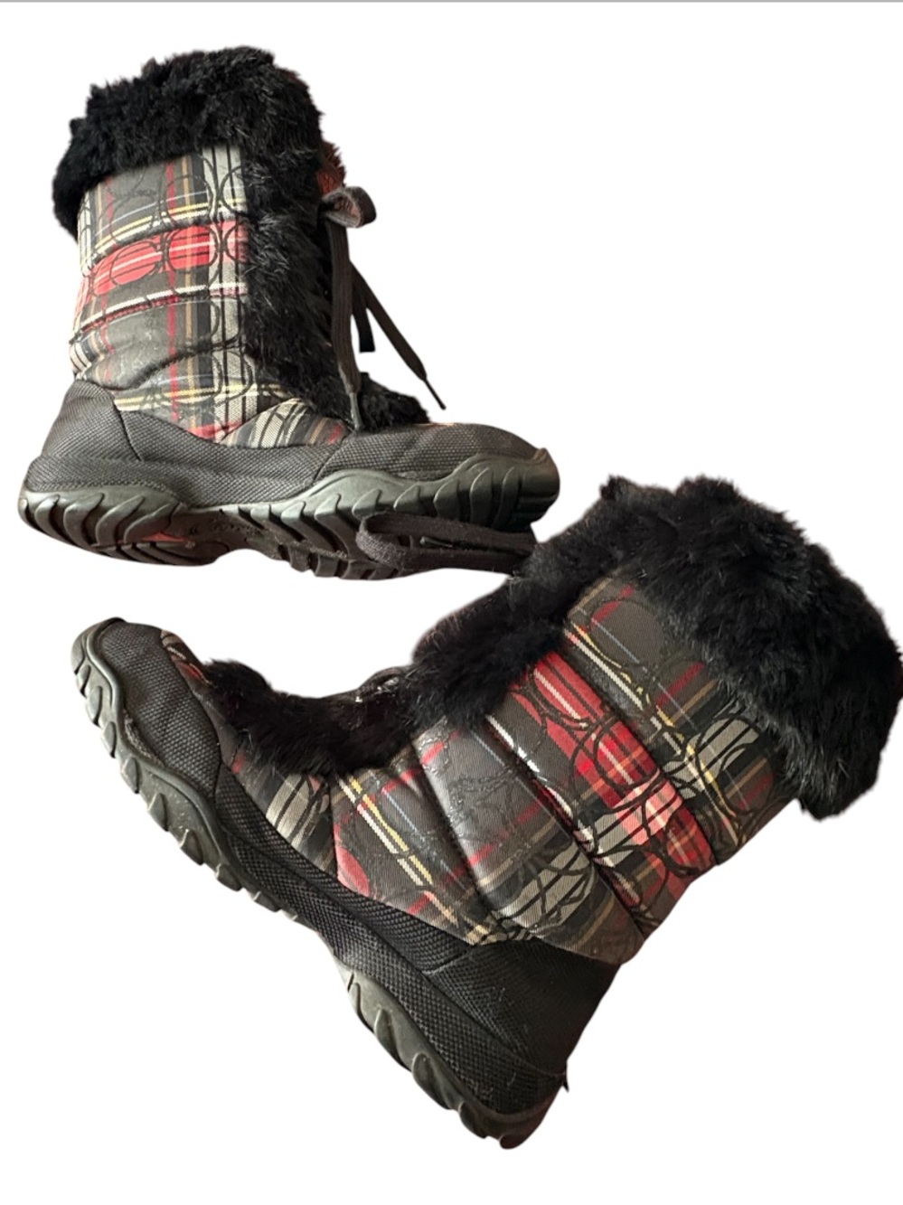 COACH JENNIE SIGNATURE "C" PLAID WITH RABBIT FUR TRIM BOOTIE BOOTS SIZE 8
